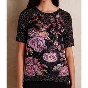 Anthropologie James Coviello Floral Brocade Metallic Knit Top Size Small